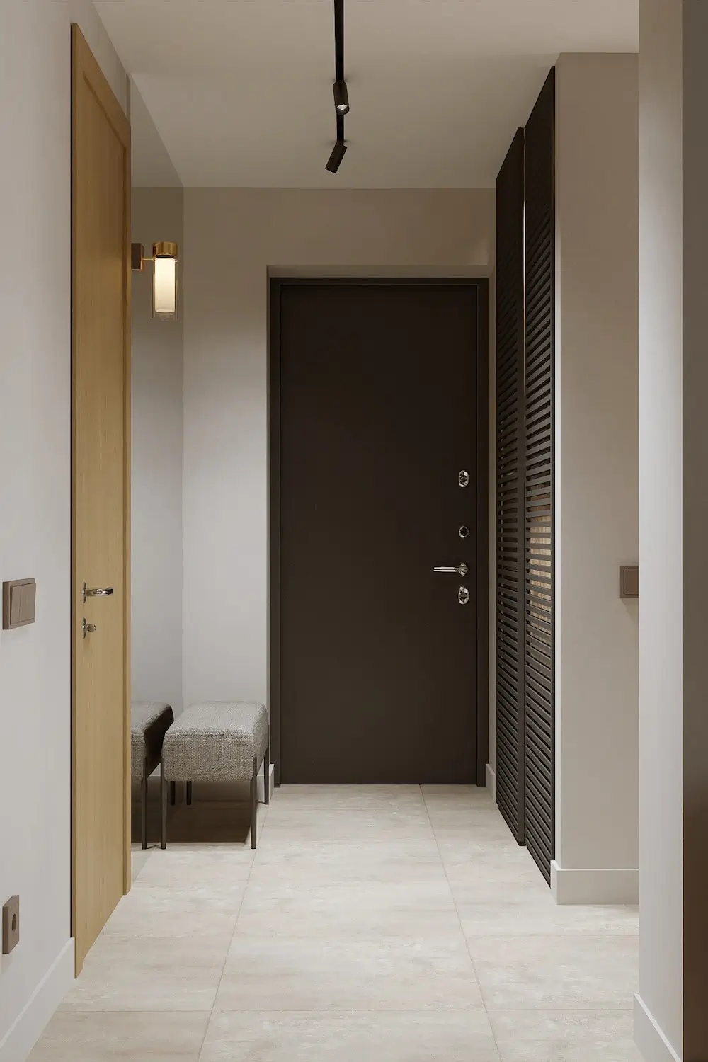 Hallway interior with a dark front door, a bench, a light floor and a minimalist design