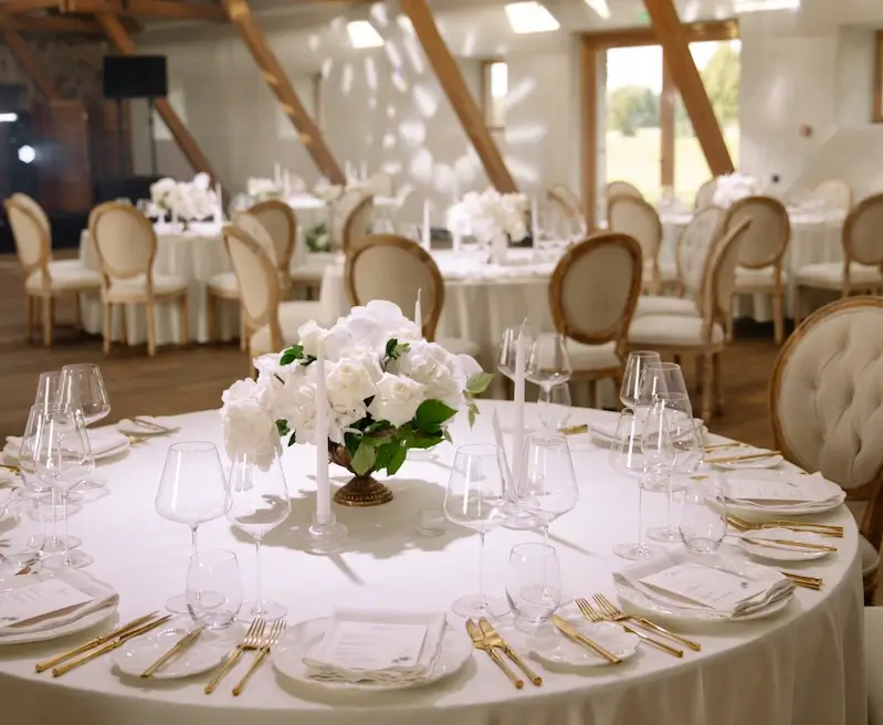Round table with a white table setting, a flower arrangement, and gilded cutlery in an event hall
